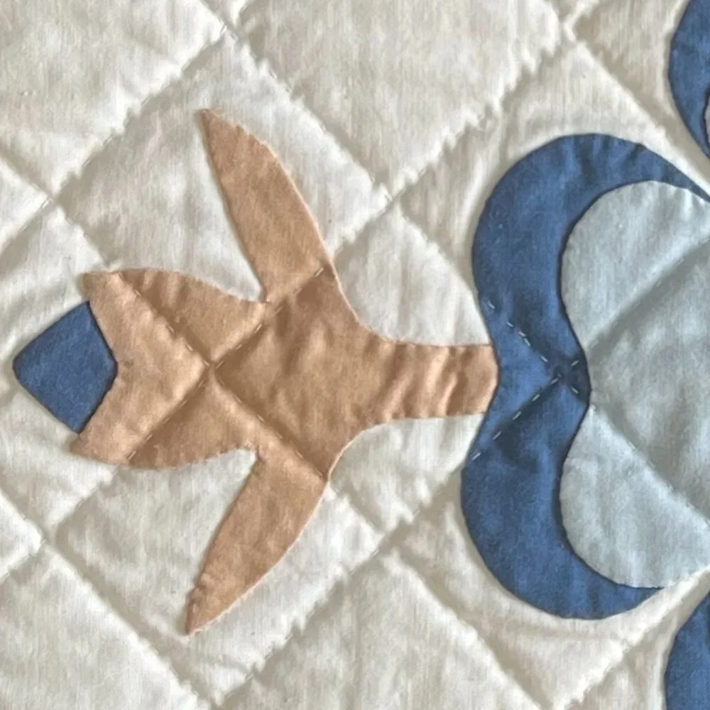 Handmade Hand Stitched Appliqué Quilted Floral Wall Hanging Table Topper Blue